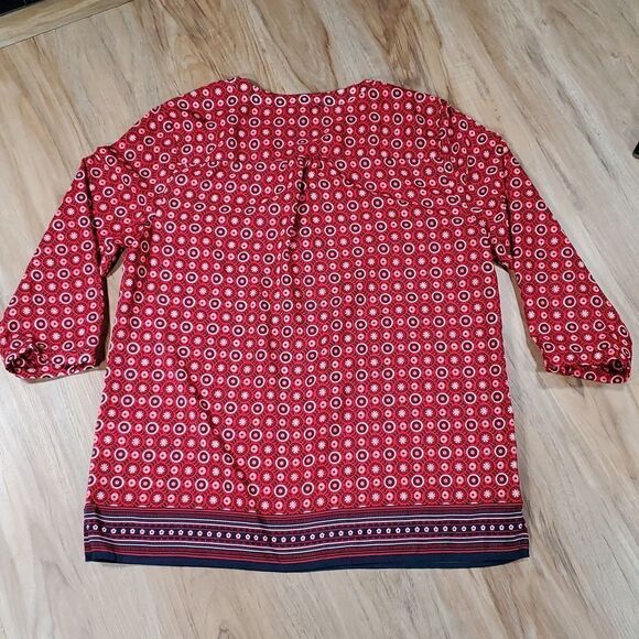 🔺️Anthropologie Fleur Bleue Red & Blue Print Popover 3/4 Sleeve Top Medium - Picture 2 of 11